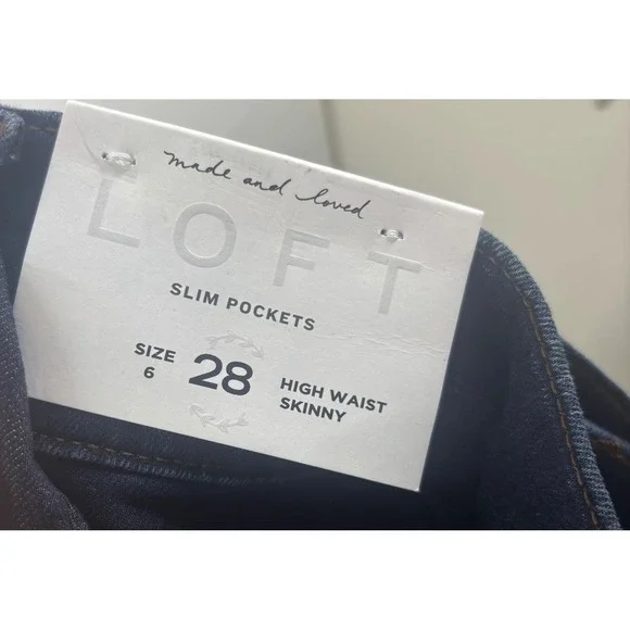 Loft Womens High Waist Skinny Jeans Dark Wash Raw Hem Tie Belt Size 6 28 - Picture 3 of 3